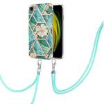 For iPhone SE 2022 / SE 2020 / 8 / 7 Electroplating Splicing Marble Flower Pattern TPU Shockproof Case with Lanyard(Blue Flower)
