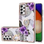 For Samsung Galaxy A52 4G/5G Electroplating Pattern IMD TPU Shockproof Case with Rhinestone Ring Holder(Purple Flower)