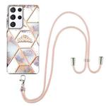For Samsung Galaxy S21 Ultra 5G Electroplating Splicing Marble Flower Pattern TPU Shockproof Case with Lanyard(Imperial Crown)