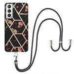 For Samsung Galaxy S21+ 5G Electroplating Splicing Marble Flower Pattern TPU Shockproof Case with Lanyard(Black Flower)