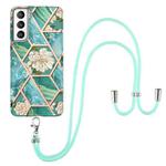For Samsung Galaxy S21+ 5G Electroplating Splicing Marble Flower Pattern TPU Shockproof Case with Lanyard(Blue Flower)
