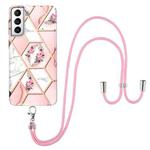 For Samsung Galaxy S21 5G Electroplating Splicing Marble Flower Pattern TPU Shockproof Case with Lanyard(Pink Flower)