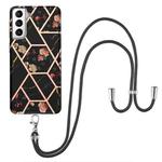 For Samsung Galaxy S21 5G Electroplating Splicing Marble Flower Pattern TPU Shockproof Case with Lanyard(Black Flower)