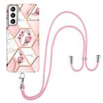 For Samsung Galaxy S21 FE 5G Electroplating Splicing Marble Flower Pattern TPU Shockproof Case with Lanyard(Pink Flower)