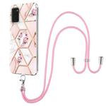 For Samsung Galaxy A02s EU Version Electroplating Splicing Marble Flower Pattern TPU Shockproof Case with Lanyard(Pink Flower)