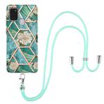 For Samsung Galaxy A21s Electroplating Splicing Marble Flower Pattern TPU Shockproof Case with Lanyard(Blue Flower)