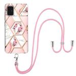 For Samsung Galaxy A51 Electroplating Splicing Marble Flower Pattern TPU Shockproof Case with Lanyard(Pink Flower)