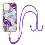 For iPhone 13 Pro Max Electroplating Pattern IMD TPU Shockproof Case with Neck Lanyard (Purple Flower)