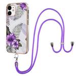 For iPhone 12 mini Electroplating Pattern IMD TPU Shockproof Case with Neck Lanyard (Purple Flower)