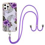 For iPhone 12 Pro Max Electroplating Pattern IMD TPU Shockproof Case with Neck Lanyard(Purple Flower)