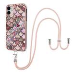 For iPhone 11 Electroplating Pattern IMD TPU Shockproof Case with Neck Lanyard (Pink Scales)