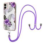 For iPhone 11 Electroplating Pattern IMD TPU Shockproof Case with Neck Lanyard (Purple Flower)