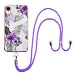 For iPhone XR Electroplating Pattern IMD TPU Shockproof Case with Neck Lanyard(Purple Flower)