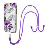 For iPhone SE 2022 / SE 2020 / 8 / 7 Electroplating Pattern IMD TPU Shockproof Case with Neck Lanyard(Purple Flower)