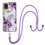 For Samsung Galaxy A21s Electroplating Pattern IMD TPU Shockproof Case with Neck Lanyard(Purple Flower)