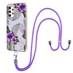 For Samsung Galaxy A32 4G EU Version Electroplating Pattern IMD TPU Shockproof Case with Neck Lanyard(Purple Flower)