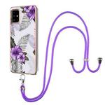 For Samsung Galaxy A51 Electroplating Pattern IMD TPU Shockproof Case with Neck Lanyard(Purple Flower)