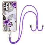 For Samsung Galaxy A52 5G / 4G Electroplating Pattern IMD TPU Shockproof Case with Neck Lanyard(Purple Flower)