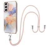 For Samsung Galaxy S21 5G Electroplating Pattern IMD TPU Shockproof Case with Neck Lanyard(Milky Way White Marble)