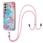 For Samsung Galaxy S21 FE Electroplating Pattern IMD TPU Shockproof Case with Neck Lanyard(Milky Way Blue Marble)