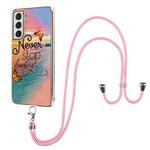 For Samsung Galaxy S21 FE Electroplating Pattern IMD TPU Shockproof Case with Neck Lanyard(Dream Chasing Butterfly)