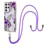 For Samsung Galaxy S21 Ultra 5G Electroplating Pattern IMD TPU Shockproof Case with Neck Lanyard(Purple Flower)
