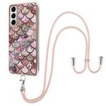 For Samsung Galaxy S21+ 5G Electroplating Pattern IMD TPU Shockproof Case with Neck Lanyard(Pink Scales)