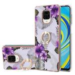 For Xiaomi Redmi Note 9S/Note 9 Pro/Note 9 Pro Max Electroplating Pattern IMD TPU Shockproof Case with Rhinestone Ring Holder(Purple Flower)