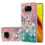 For Xiaomi Poco X3 NFC Electroplating Pattern IMD TPU Shockproof Case with Rhinestone Ring Holder(Colorful Scales)