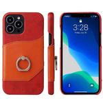 For iPhone 13 Pro Max Fierre Shann Oil Wax Texture Genuine Leather Back Cover Case with 360 Degree Rotation Holder & Card Slot (Red)