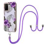 For Xiaomi Poco M3 / Redmi Note 9 4G Electroplating Pattern IMD TPU Shockproof Case with Neck Lanyard(Purple Flower)