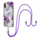 For Xiaomi Redmi 9A Electroplating Pattern IMD TPU Shockproof Case with Neck Lanyard(Purple Flower)