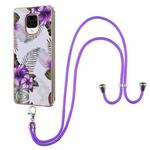 For Xiaomi Redmi Note 9S / Note 9 Pro Electroplating Pattern IMD TPU Shockproof Case with Neck Lanyard(Purple Flower)
