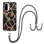 For Xiaomi Mi 11i / Poco F3 Electroplating Splicing Marble Flower Pattern TPU Shockproof Case with Lanyard(Black Flower)