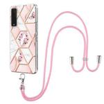For LG Stylo 7 5G Electroplating Splicing Marble Flower Pattern TPU Shockproof Case with Lanyard(Pink Flower)