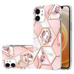 For iPhone 12 mini Electroplating Splicing Marble Flower Pattern TPU Shockproof Case with Rhinestone Ring Holder (Pink Flower)