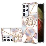 For Samsung Galaxy S21 Ultra 5G Electroplating Splicing Marble Flower Pattern TPU Shockproof Case with Rhinestone Ring Holder(Imperial Crown)