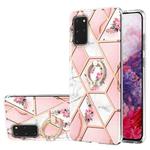 For Samsung Galaxy S20+ Electroplating Splicing Marble Flower Pattern TPU Shockproof Case with Rhinestone Ring Holder(Pink Flower)