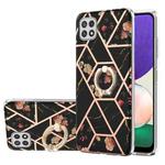 For Samsung Galaxy A22 5G US Version Electroplating Splicing Marble Flower Pattern TPU Shockproof Case with Rhinestone Ring Holder(Black Flower)