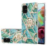 For Samsung Galaxy A71 4G Electroplating Splicing Marble Flower Pattern TPU Shockproof Case with Rhinestone Ring Holder(Blue Flower)