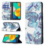 For Samsung Galaxy M32 Colored Drawing Pattern Invisible Magnetic Horizontal Flip PU Leather Case with Holder & Card Slots & Wallet(Blue Leaf)