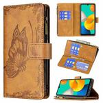 For Samsung Galaxy M32 Flying Butterfly Embossing Pattern Zipper Horizontal Flip Leather Case with Holder & Card Slots & Wallet(Brown)