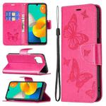 For Samsung Galaxy M32 Embossing Two Butterflies Pattern Horizontal Flip PU Leather Case with Holder & Card Slot & Wallet & Lanyard(Rose Red)