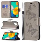 For Samsung Galaxy M32 Embossing Two Butterflies Pattern Horizontal Flip PU Leather Case with Holder & Card Slot & Wallet & Lanyard(Grey)
