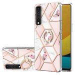 For LG Stylo 7 Electroplating Splicing Marble Flower Pattern TPU Shockproof Case with Rhinestone Ring Holder(Pink Flower)