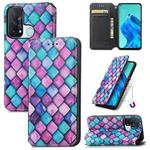For OPPO Reno 5A Colorful Magnetic Horizontal Flip PU Leather Case with Holder & Card Slot & Wallet(Purple Scales)