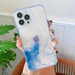 For iPhone 13 Pro Marble Pattern Glittery Powder Shockproof TPU + Acrylic Protective Case with Detachable Buttons (Light Blue)