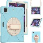 For iPad Air 13 2024 / Pro 12.9 2022 / 2021 Rotatable Holder Silicone Hybrid PC Tablet Case with Shoulder Strap(Ice Blue)