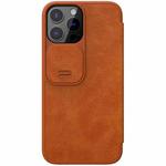 For iPhone 13 Pro NILLKIN QIN Series Pro Sliding Camera Cover Design Crazy Horse Texture Horizontal Flip Leather Case with Card Slot (Brown)