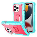 For iPhone 13 Pro PC + Rubber 3-layers Shockproof Protective Case with Rotating Holder (Mint Green + Rose Red)